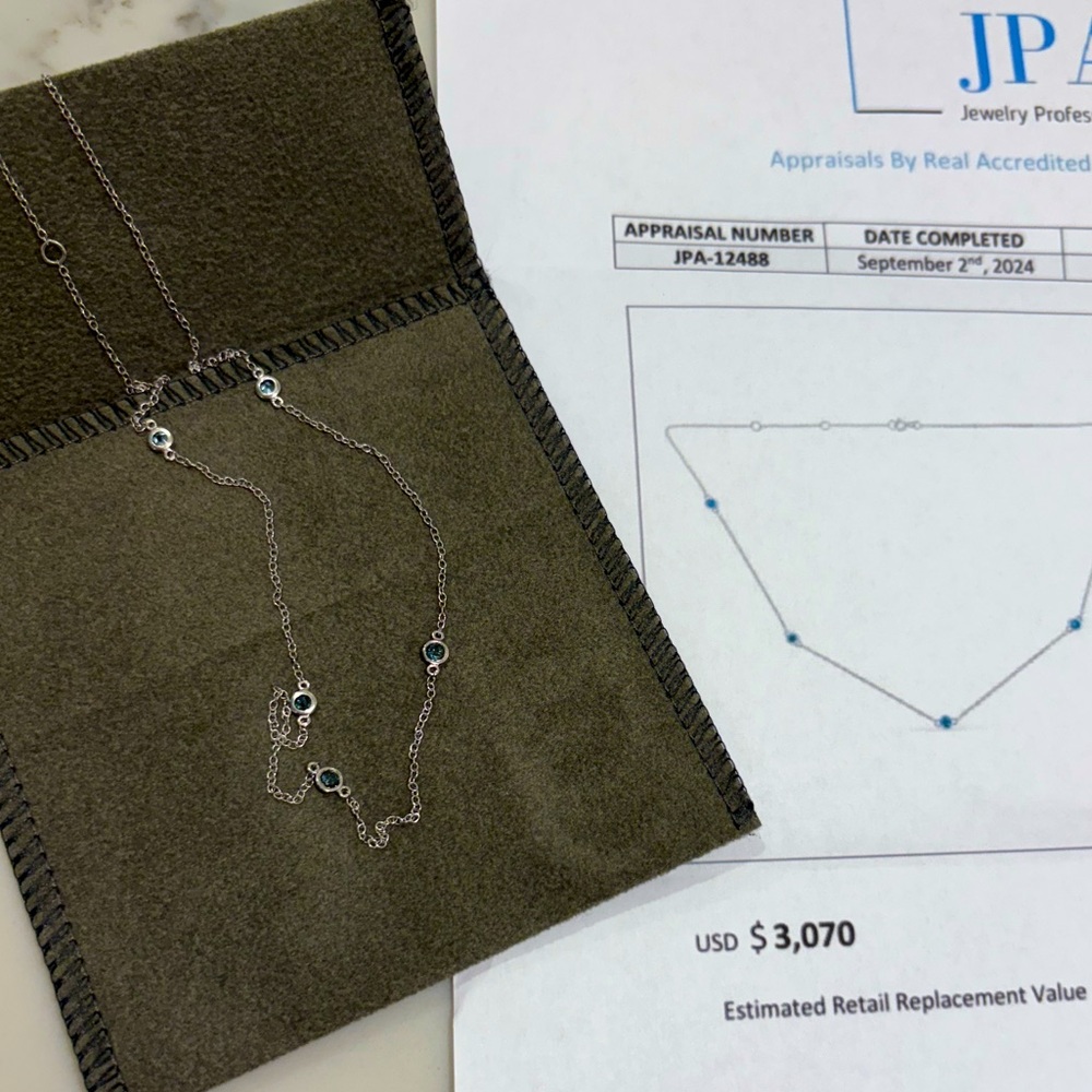 Elegant Rhodium Plated .53ct Blue Diamond By The Yard Necklace - 5 diamonds